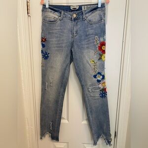 Indigo Rein Distressed Embroidered Embellished Ankle Jeans